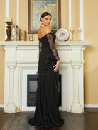 MISSORD Off Shoulder Lace Panel Sequin Black Evening Dress