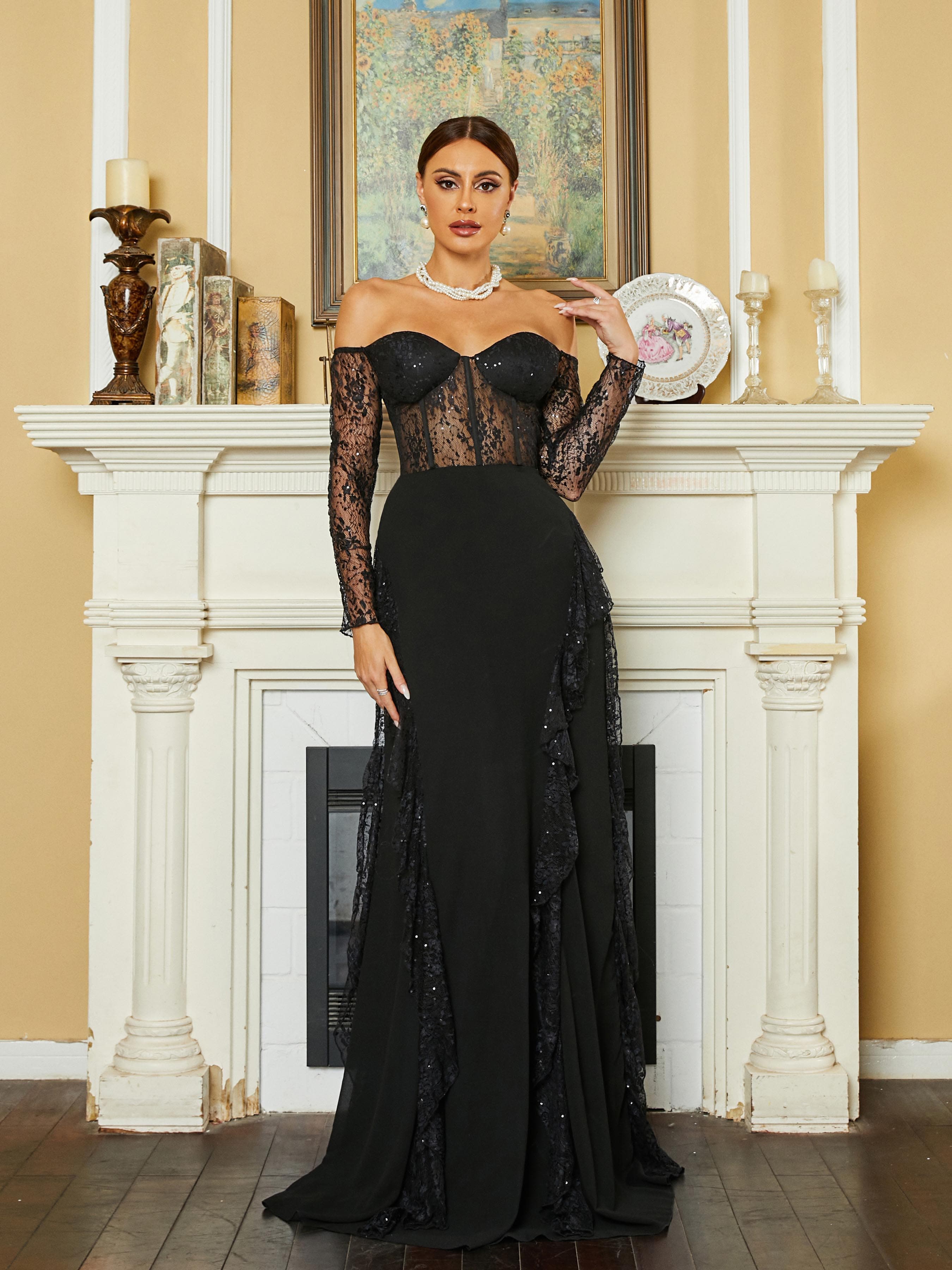 MISSORD Off Shoulder Lace Panel Sequin Black Evening Dress