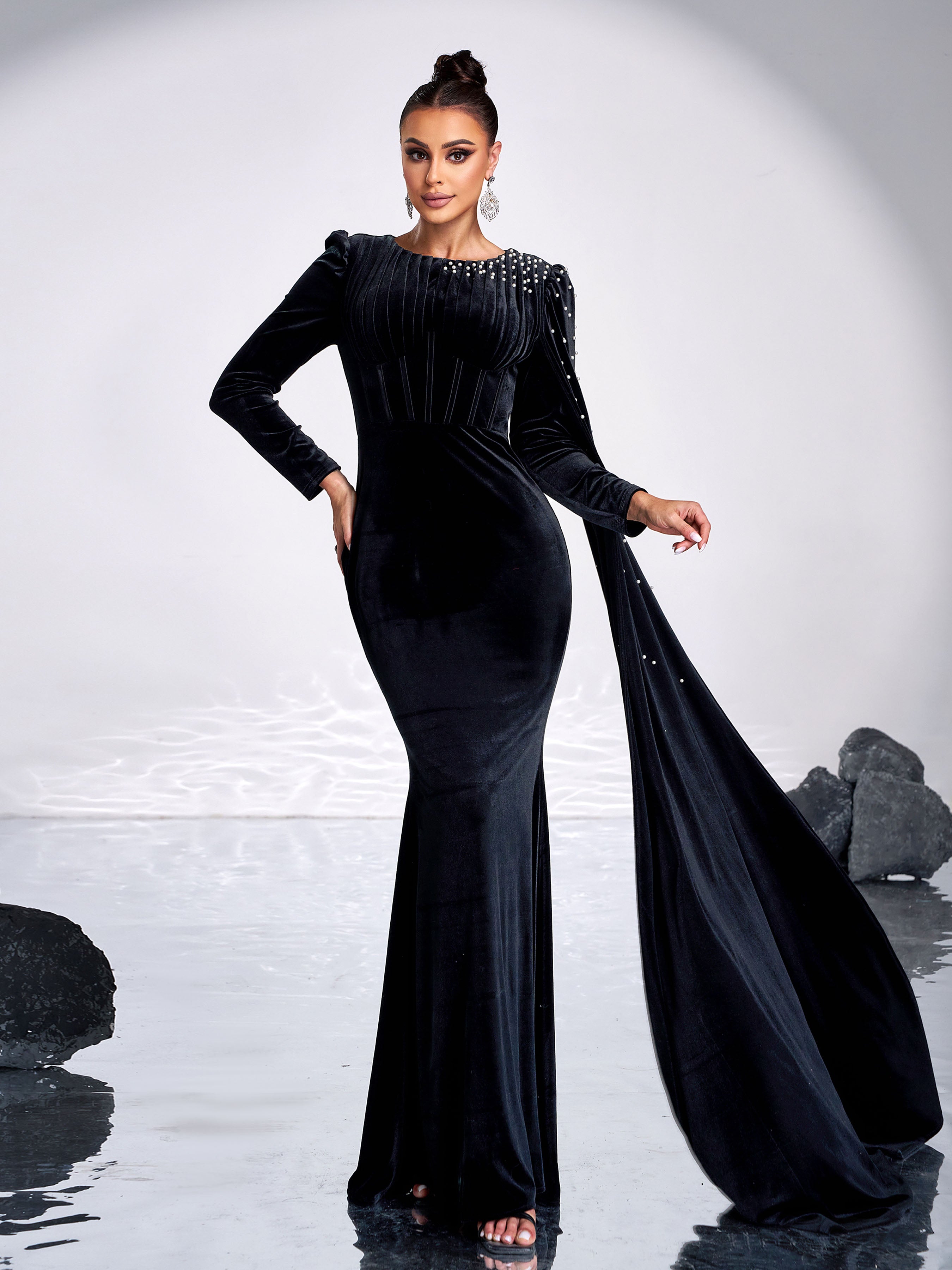 Black Velvet Ribbon Long Sleeve Evening Dress MES00645