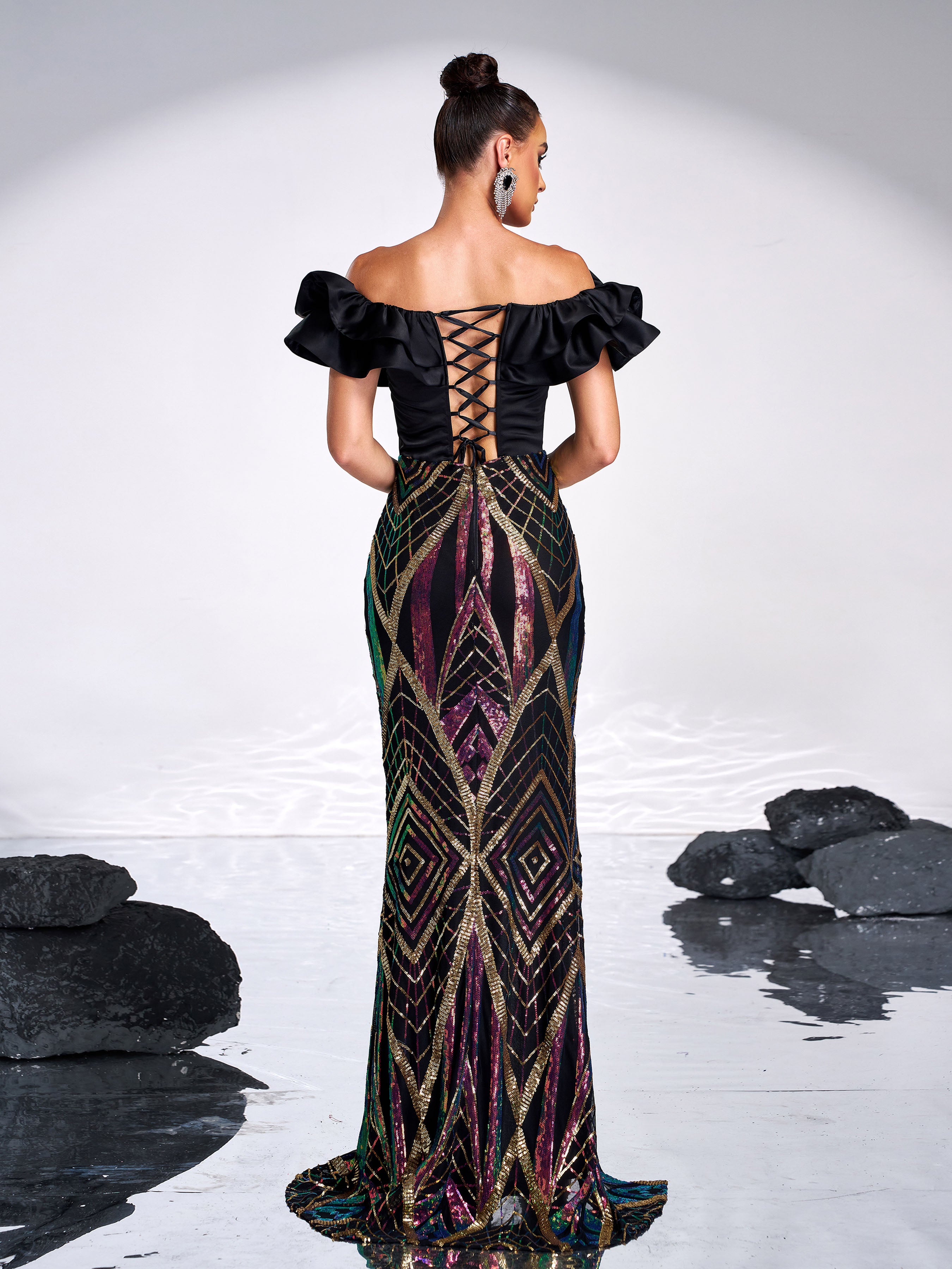 Off-the-Shoulder Ruffled Panel Evening Dress RJ11974