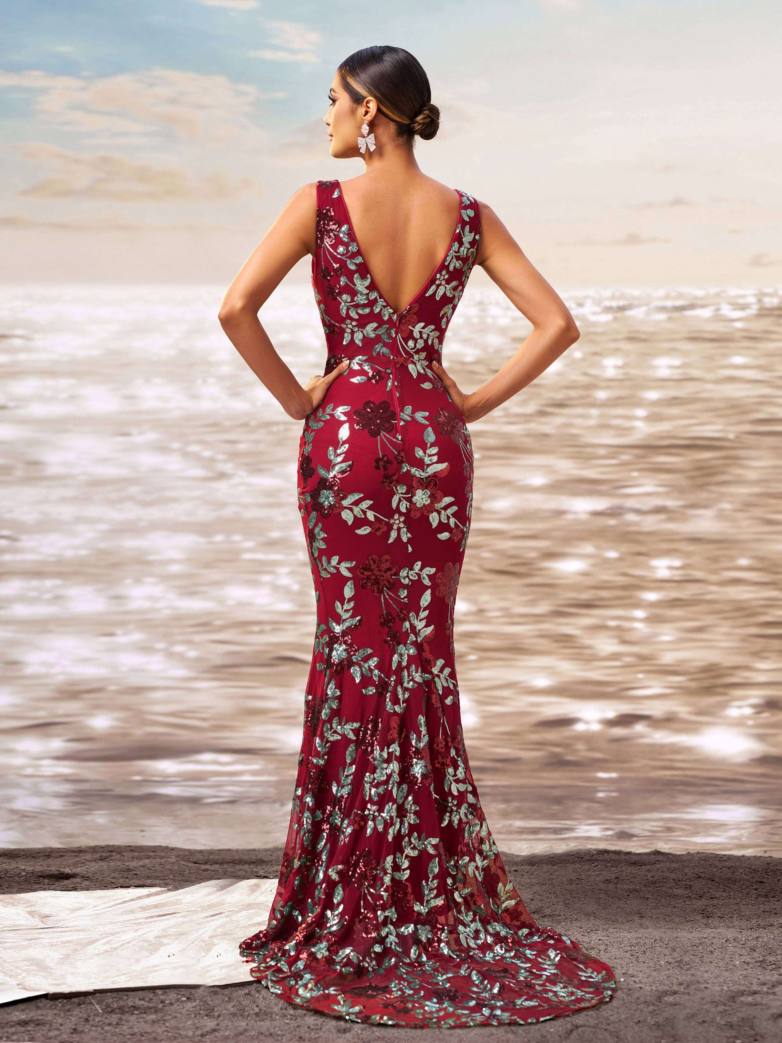 Floral V-neck Sequin Mermaid Prom Dress RJ10790