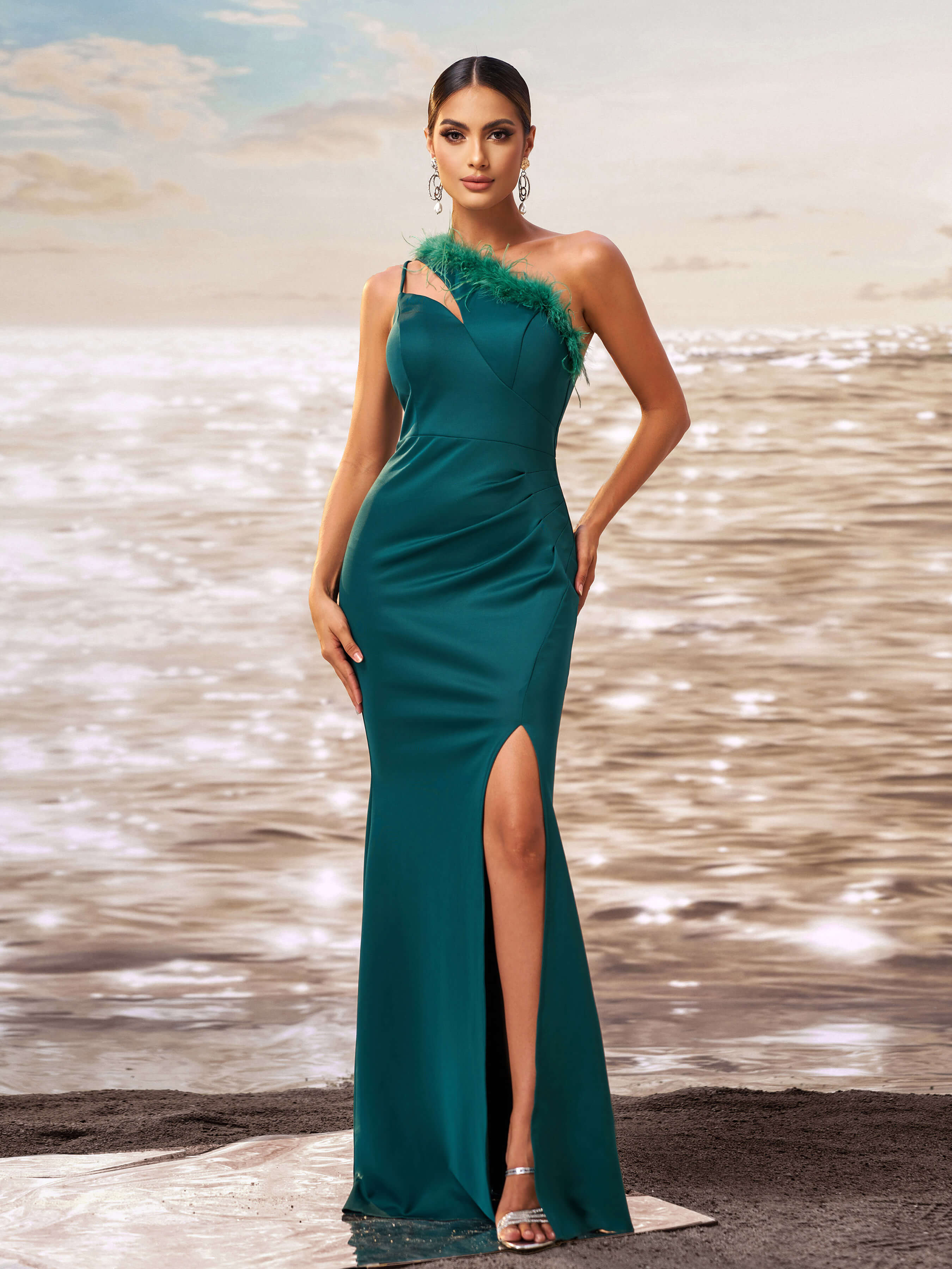 One Shoulder Feather Cutout Formal Dress GM90010