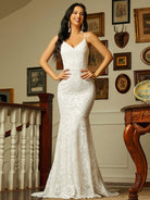 Spaghetti V Neck Mermaid White Evening Dress