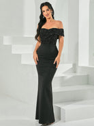 Off Shoulder Sequins Panel Black Evening Dress