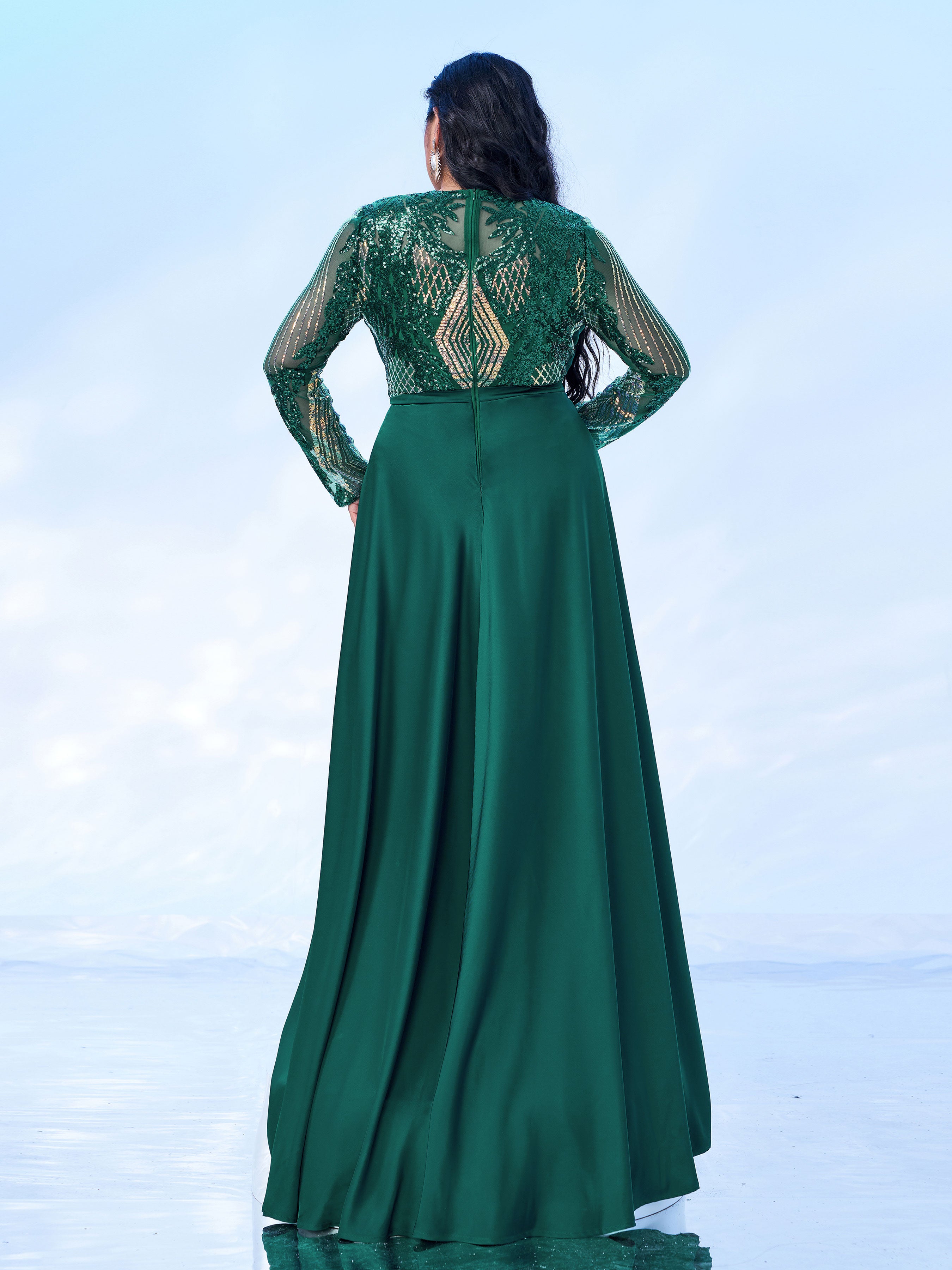 Plus Green Sequin Ribbon Prom Dress PMES00577