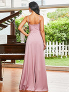 Wrap Spaghetti Open Back Pink Prom Dress