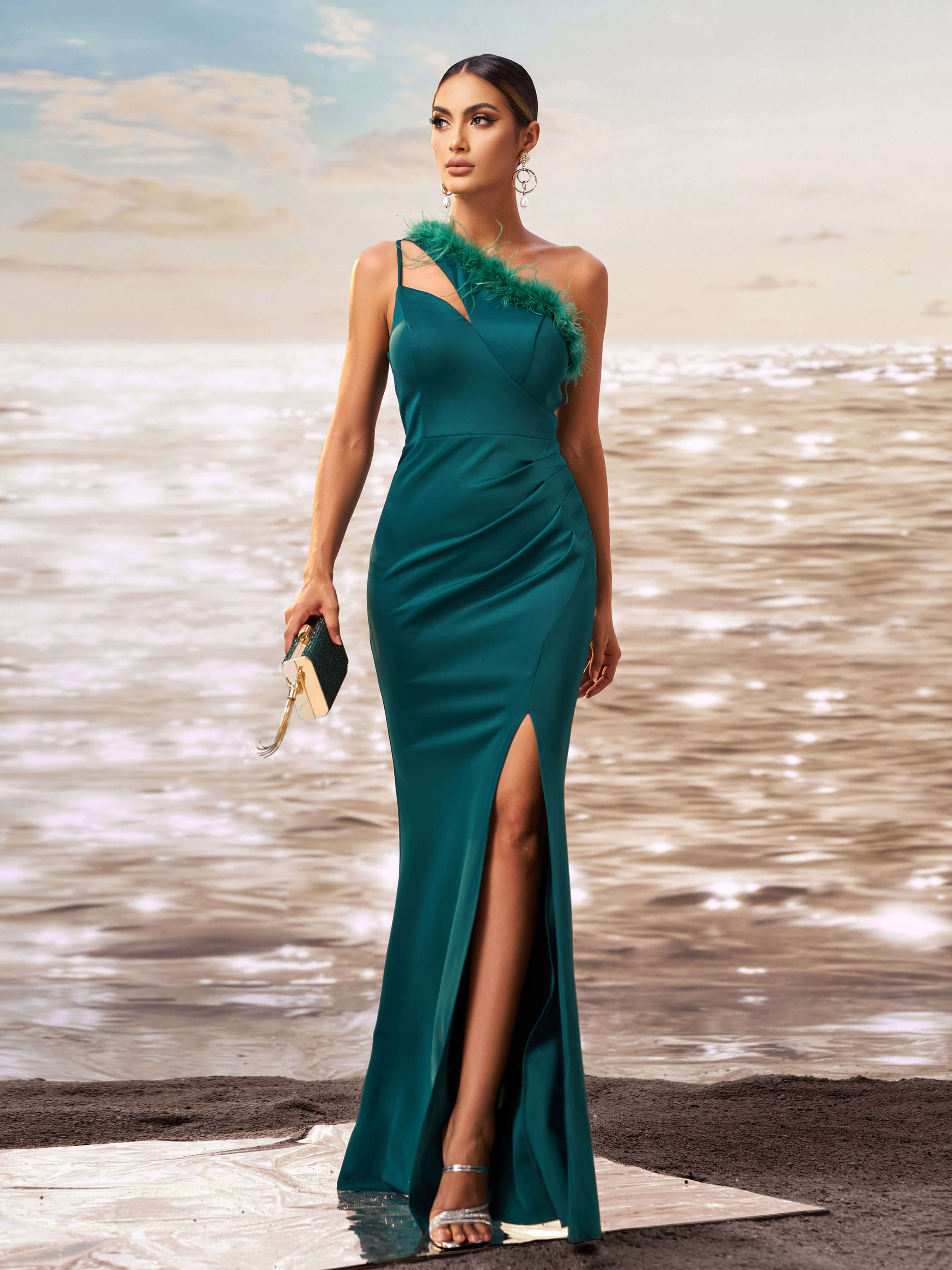 One Shoulder Feather Cutout Formal Dress GM90010