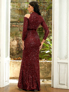 Cut Out Mermaid Burgundy Sequin Prom Dress JM057W