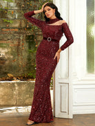 Cut Out Mermaid Burgundy Sequin Prom Dress JM057W