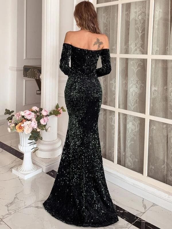 Off Shoulder Mesh Insert Split Sequin Prom Dress M0806 MISS ORD