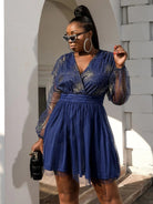 Plus V-neck Puff Sleeve Mini A-line Dress P0003