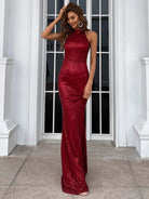 High Neck Zip Back Mermaid Sequin Red Sleeveless Maxi Dress M01591 MISS ORD