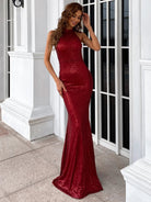 High Neck Zip Back Mermaid Sequin Red Sleeveless Maxi Dress M01591 MISS ORD