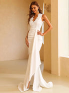 Eyelet Embroidery Draped Split White Mermaid Prom Dress XH1240 MISS ORD