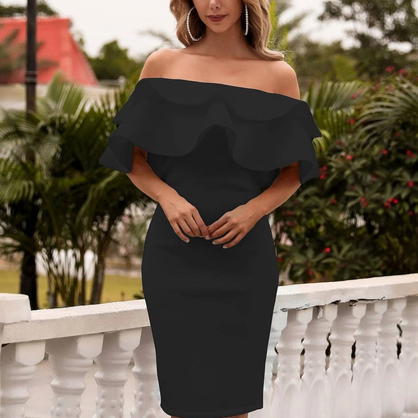 Missord Off Shoulder Exaggerated Ruffle Trim Dress FT9076
