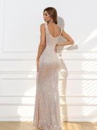 V-Neck Backless Sequin Prom Dress M01950