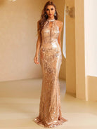 Sheer Backless Halter Neck Sequins Maxi Prom Dress XH1206