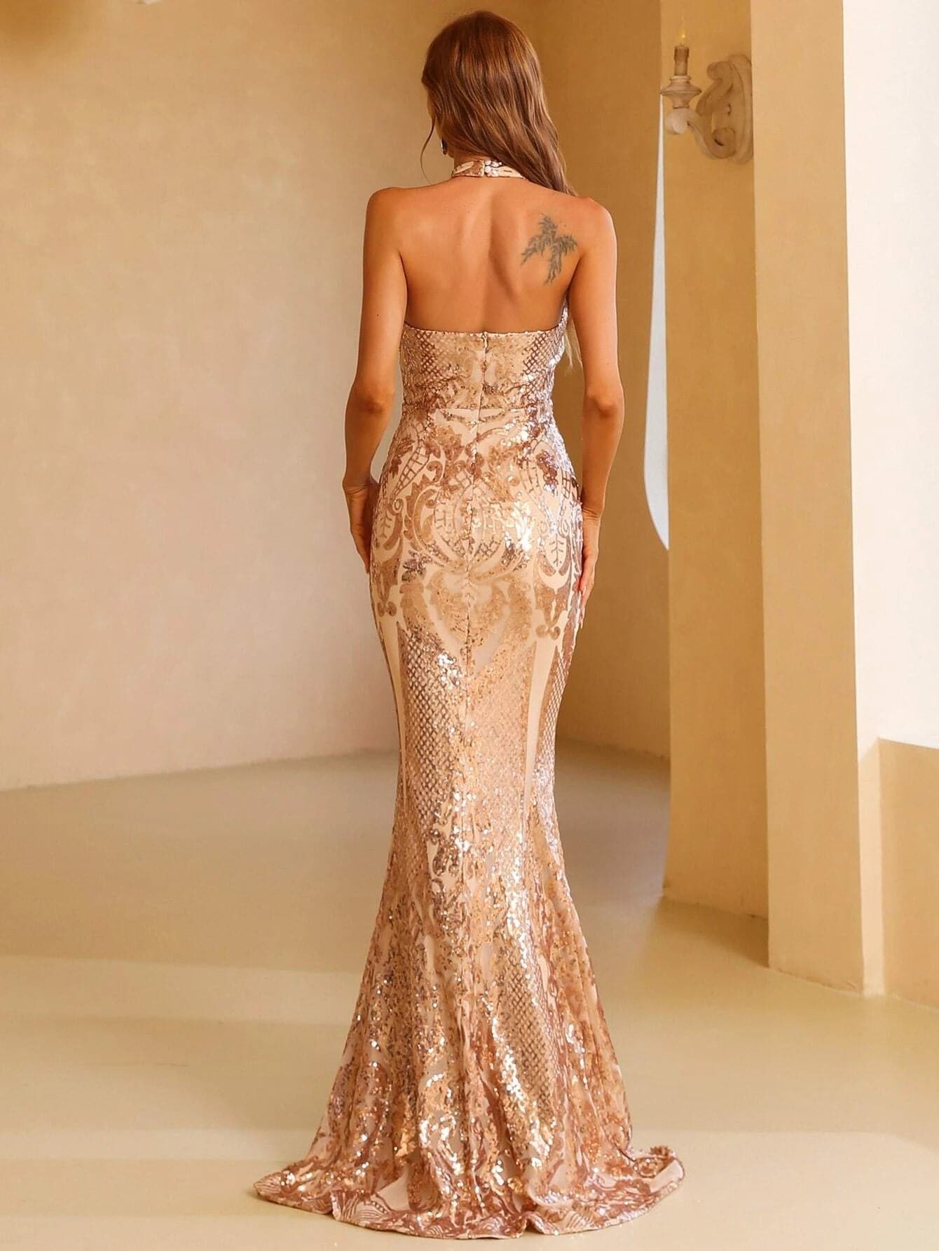 Sheer Backless Halter Neck Sequins Maxi Prom Dress XH1206