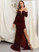 Off Shoulder Mesh Insert Split Sequin Prom Dress M0806 MISS ORD