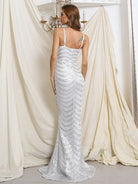 Deep V Neck Sleeveless Mermaid Sequin Maxi White Prom Dress M0731 MISS ORD
