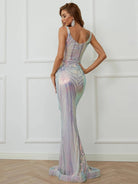 Deep V Neck Sleeveless Silver Sequins Prom Dress XJ425 MISS ORD