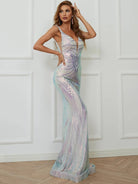 Deep V Neck Sleeveless Silver Sequins Prom Dress XJ425 MISS ORD