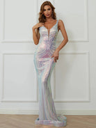 Deep V Neck Sleeveless Silver Sequins Prom Dress XJ425 MISS ORD