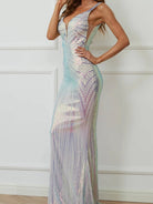 Deep V Neck Sleeveless Silver Sequins Prom Dress XJ425 MISS ORD