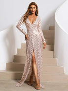 Plunging Neck Slit Sequin Prom Dress Apricot XH1334 MISS ORD