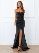 Ruched Wrap Hem Maxi Black Sequin Prom Dress XH1293