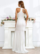 Lace Insert Halterneck Split White Maxi Prom Dress XH1278 MISS ORD