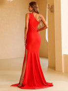 One Shoulder Ruched Split Maxi Red Prom Dress XH1236 MISS ORD