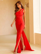 One Shoulder Ruched Split Maxi Red Prom Dress XH1236 MISS ORD