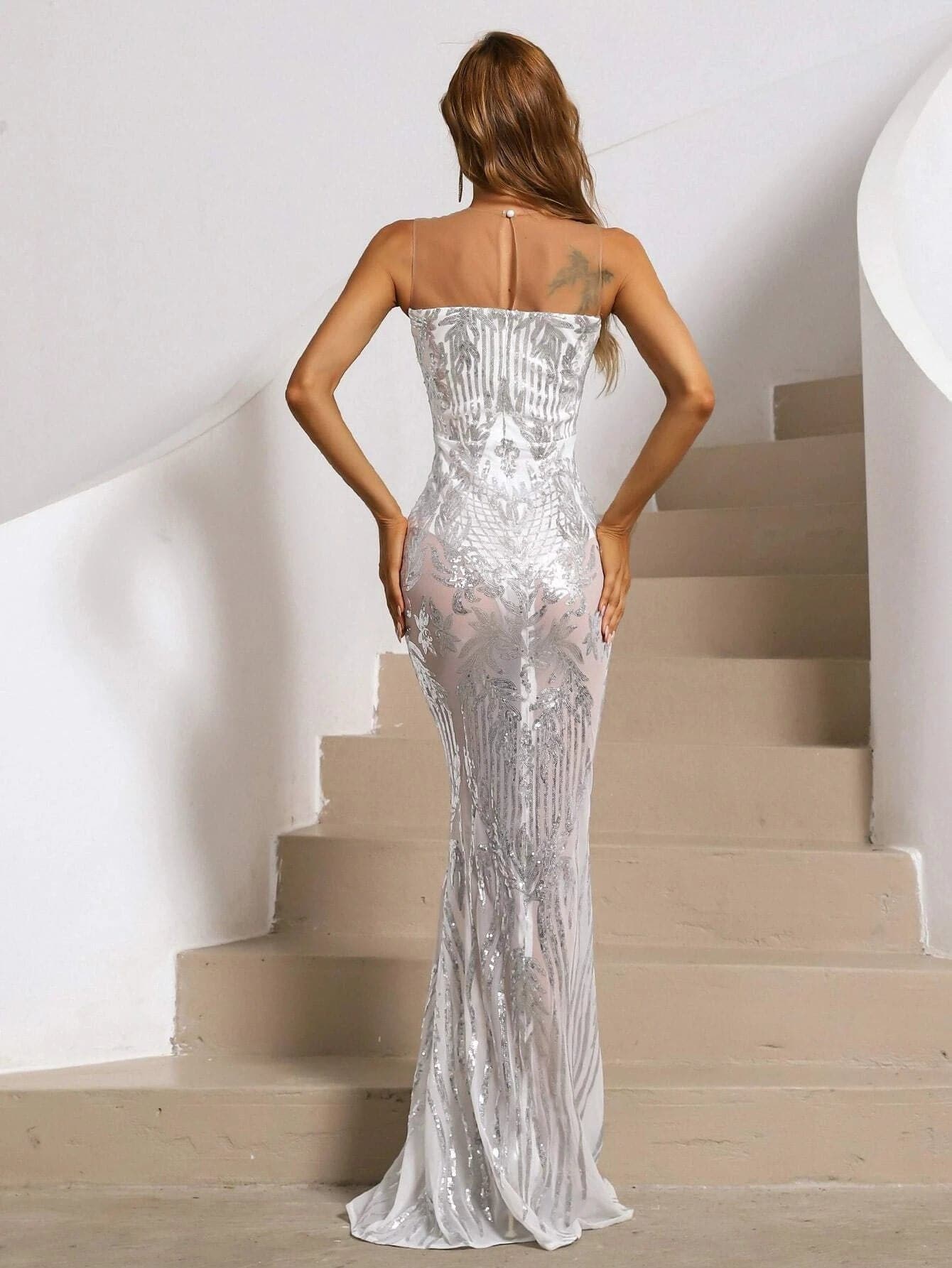 Missord Contrast Mesh Floor Length White Sequins Prom Dress XJ444 MISS ORD