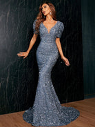 Puff Sleeve Floor Length Sequin Gold Prom Dress XJ901 MISS ORD