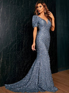 Puff Sleeve Floor Length Sequin Gold Prom Dress XJ901 MISS ORD