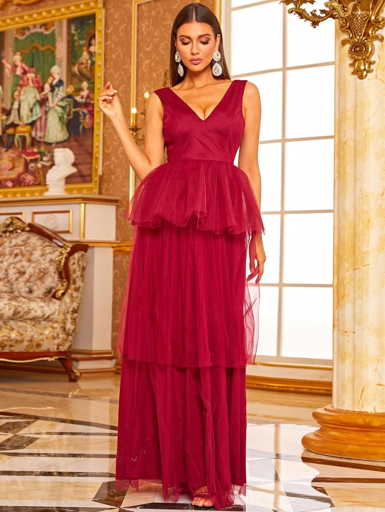 Peplum Layered Hem Mesh Red Maxi Tulle Prom Gown XJ1007 MISS ORD