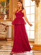 Peplum Layered Hem Mesh Red Maxi Tulle Prom Gown XJ1007 MISS ORD