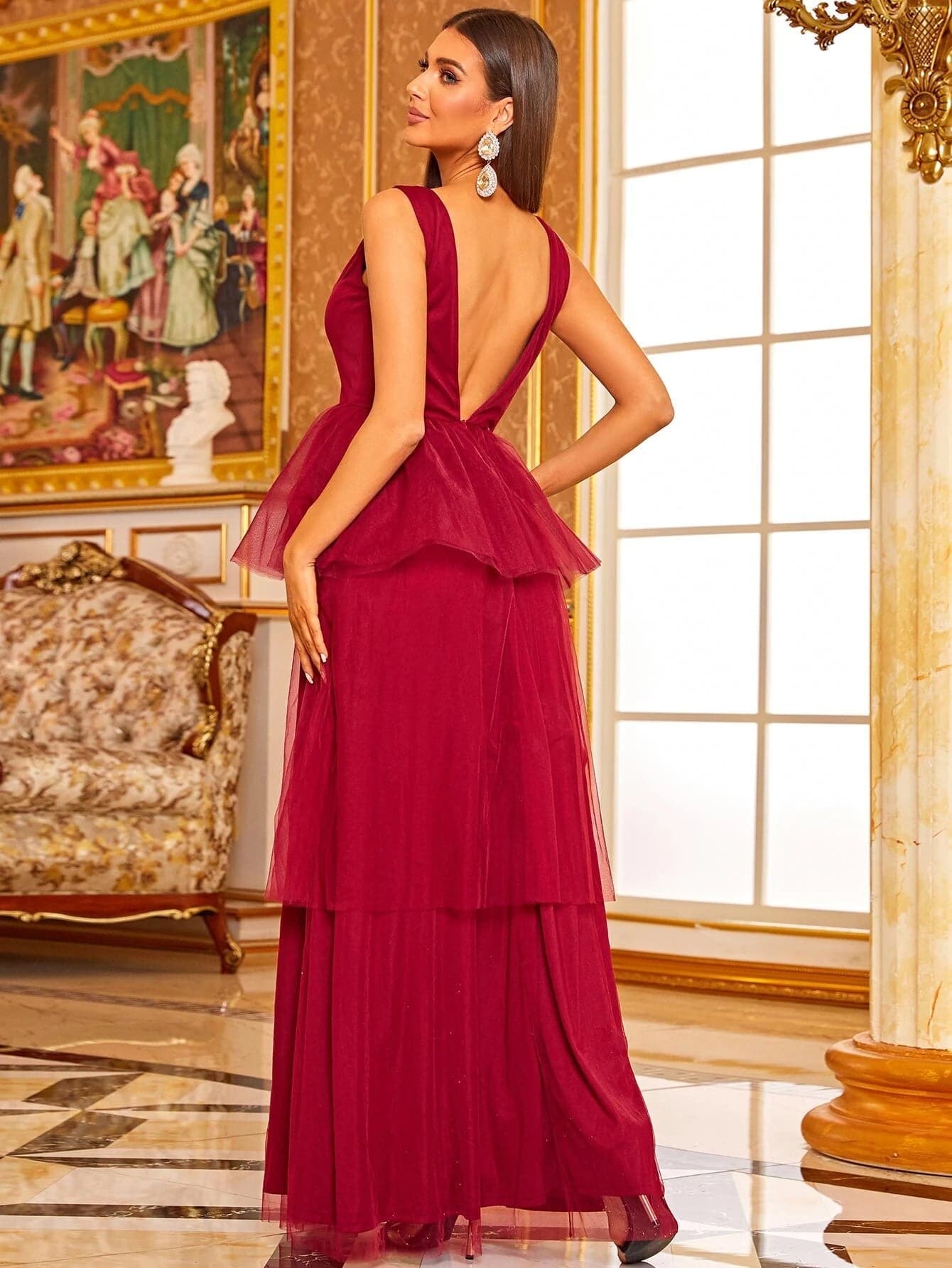 Peplum Layered Hem Mesh Red Maxi Tulle Prom Gown XJ1007 MISS ORD