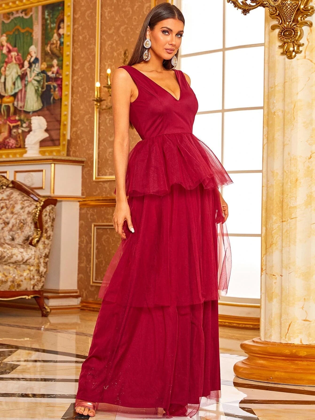 Peplum Layered Hem Mesh Red Maxi Tulle Prom Gown XJ1007 MISS ORD