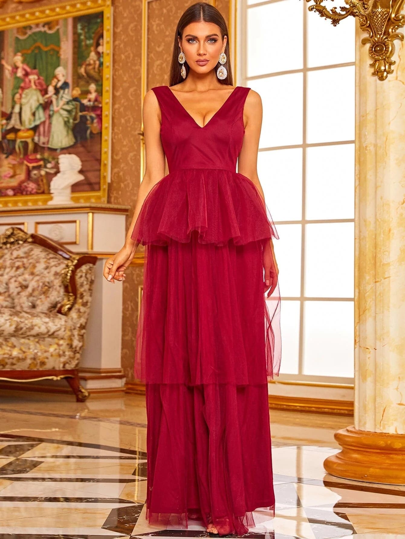 Peplum Layered Hem Mesh Red Maxi Tulle Prom Gown XJ1007 MISS ORD