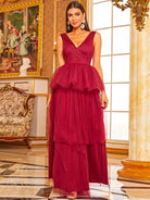 Peplum Layered Hem Mesh Red Maxi Tulle Prom Gown XJ1007 MISS ORD