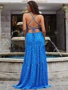 Dalmatian Print Lace Up Backless Ruffle Hem Blue Maxi Cami Dress XH1874