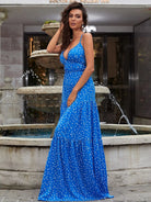 Dalmatian Print Lace Up Backless Ruffle Hem Blue Maxi Cami Dress XH1874