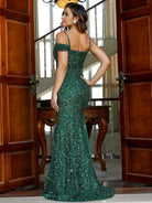 Formal Spaghetti Draped Sequined Green Dress MQ007