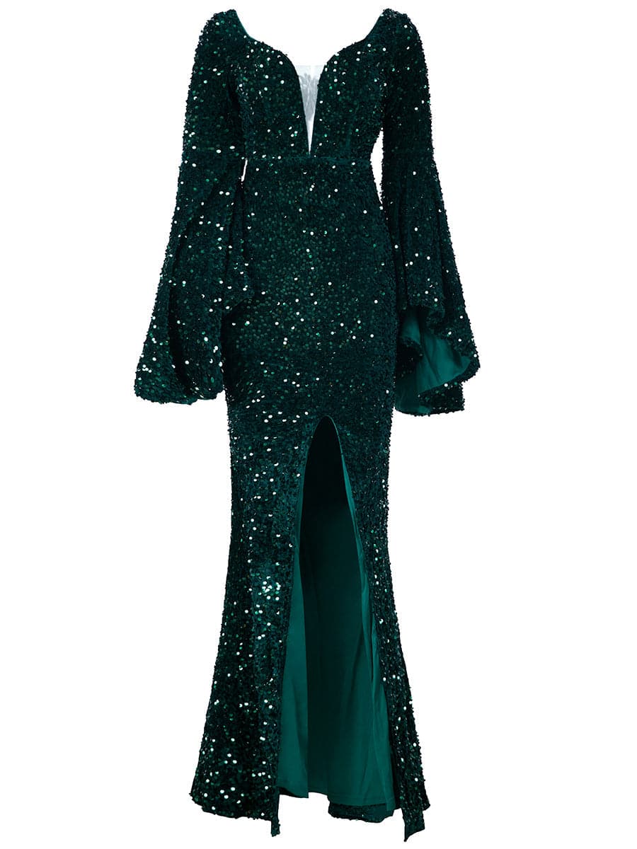 Bell Sleeve V-Neck Sequin Split Green Prom Dress M02169 MISS ORD