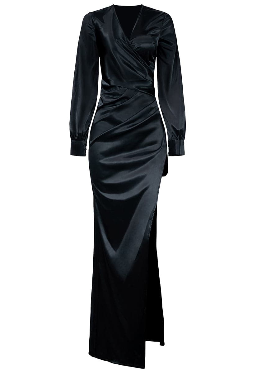 Surplice Neck Split Thigh Lantern Sleeve Satin Prom Dress XH1793 MISS ORD