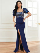 Puff Sleeve Sweetheart Neck Blue Sequin Evening Dress XJ2101 MISS ORD