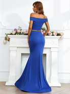 Off Shoulder Crop Top & High Waist Blue Maxi Knit Dress XJ310 MISS ORD