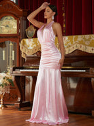 Halter Ruched Pink Evening Dress JMH3180